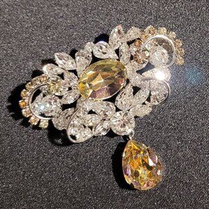 Rare Large Vintage Brooch/Pin Australian Crystal/Rhinestones Rhodium w/ Dangle